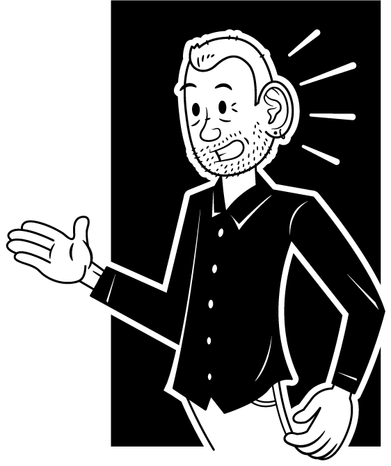Black and white line drawing of a man with a beard, wearing a button-up shirt, smiling and gesturing with his right hand, with lines indicating talking or emphasis.