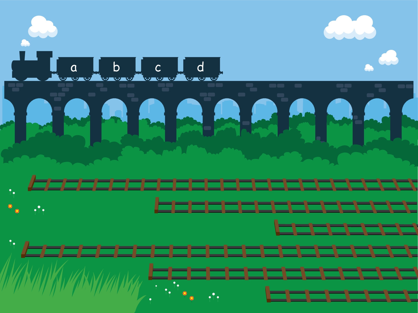 Cartoon train with carriages labeled a, b, c, and d crossing a stone bridge over green trees and bushes, with flower-adorned grass and railroad tracks in foreground and clouds in the sky.