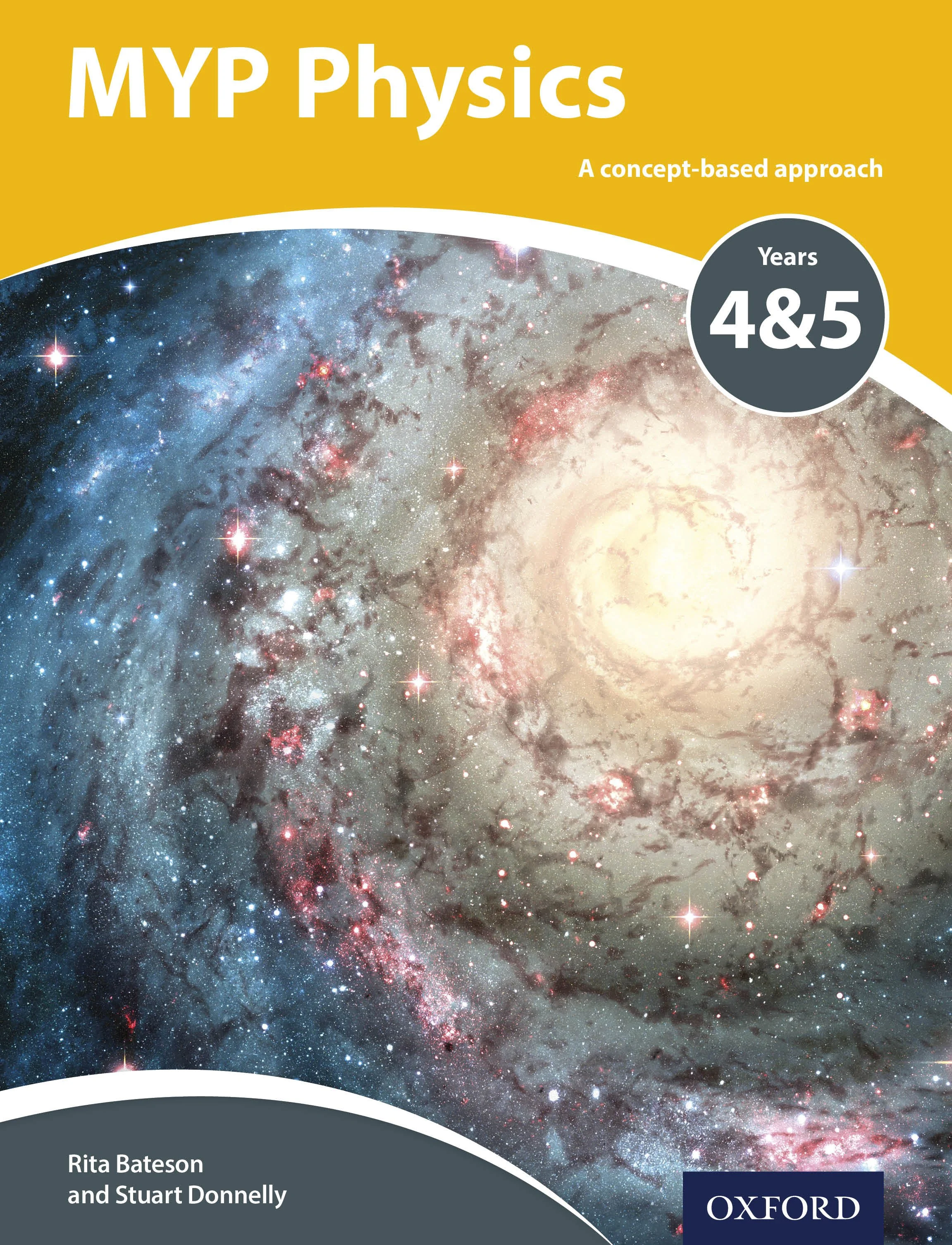 Cover of a physics textbook titled 'MYP Physics' with a space galaxy background, authors Rata Bateson and Stuart Donnelly, and an Oxford logo.