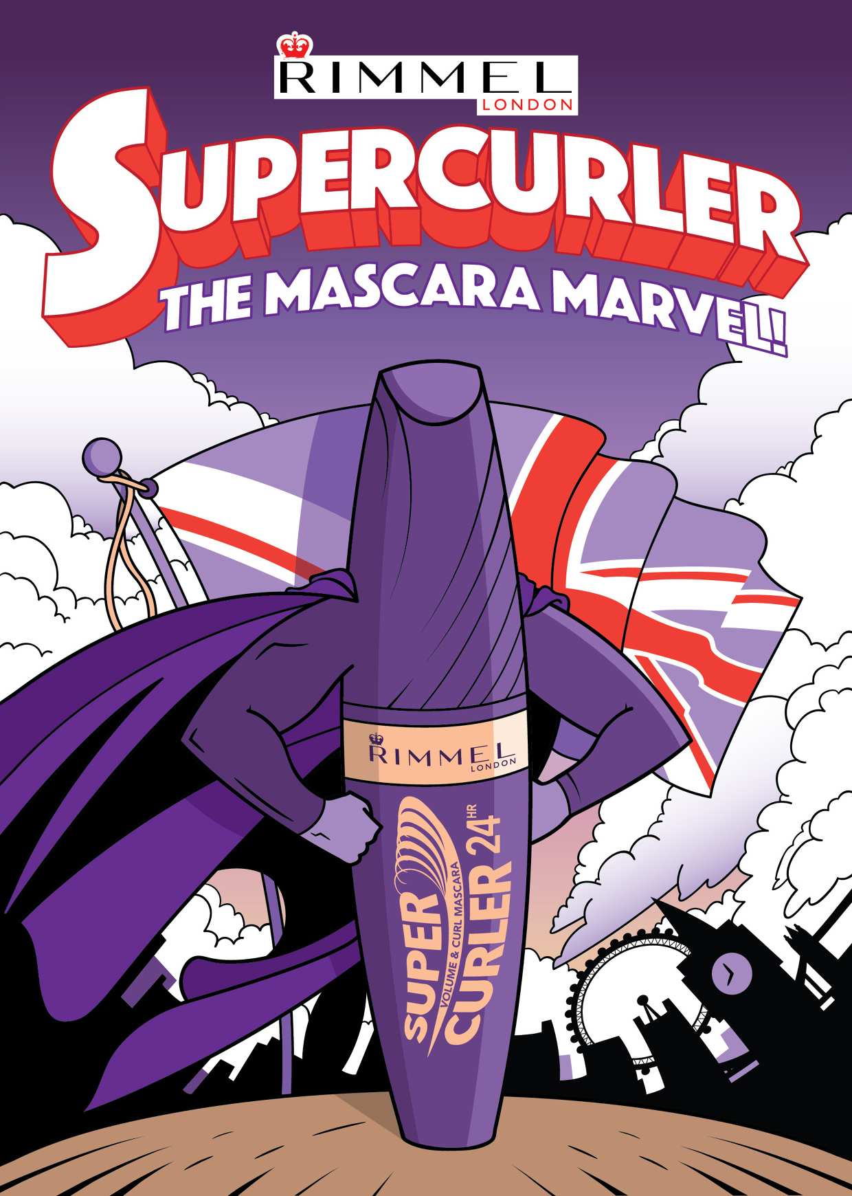 A superhero figure with a Rimmel London mascara bottle as a body, wearing a cape and standing confidently with hands on hips. The background features clouds, a clock, and a partial Union Jack flag, with the text "Supercurler, the mascara marvel!" at 