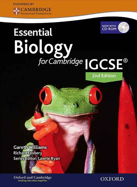 Cover of a biology textbook titled "Essential Biology for Cambridge IGCSE, 2nd Edition" with an image of a red-eyed frog sitting on orange leaves.