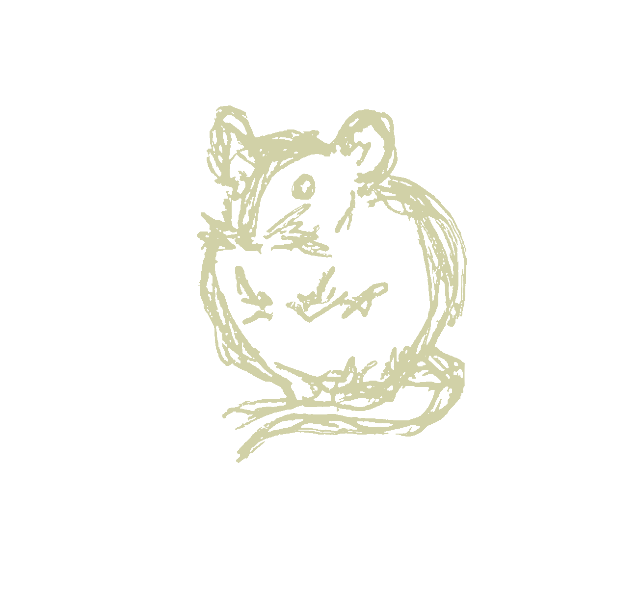 A sketch of a mouse inside a circular outline with a clock face, on a black background.