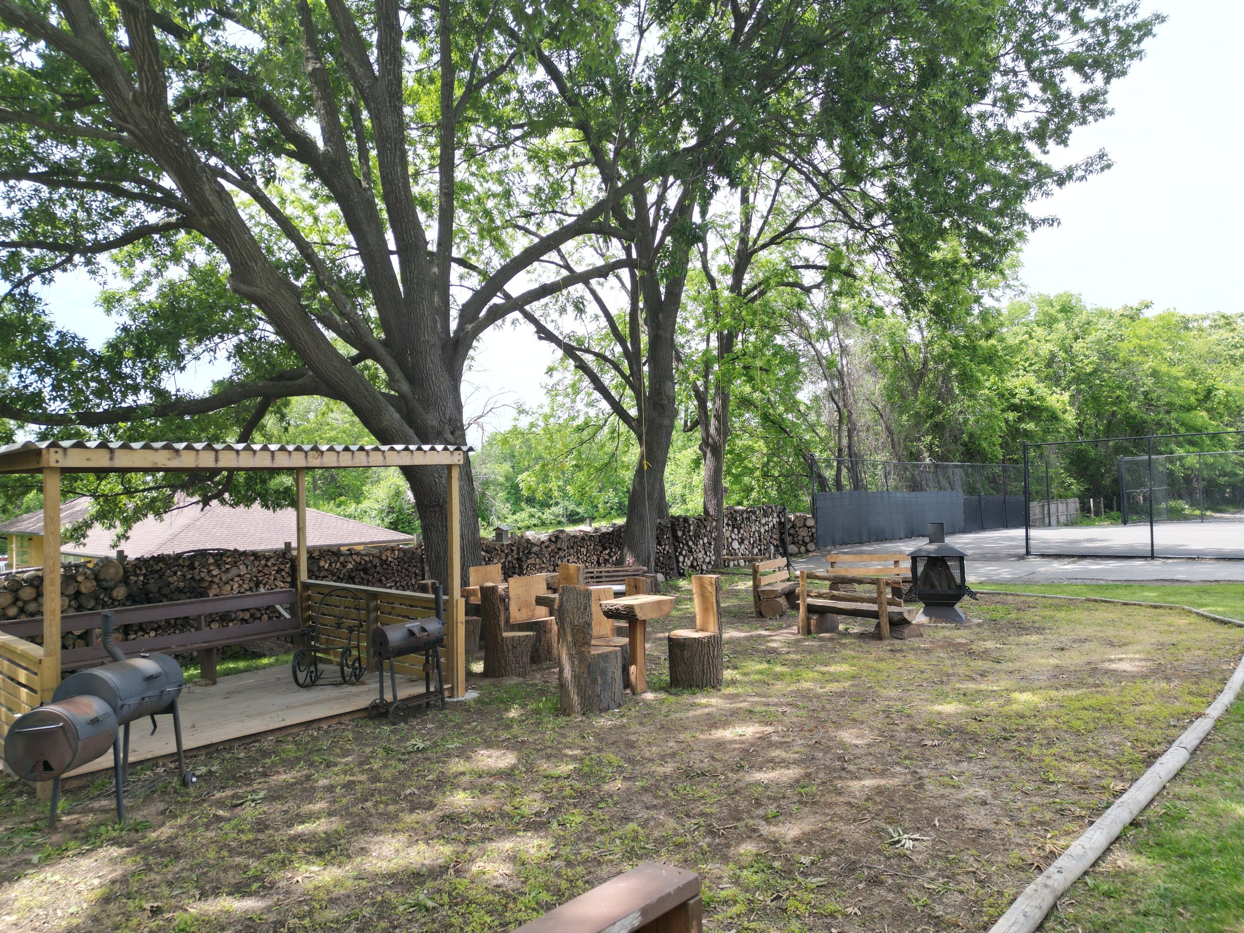An outdoor park scene with a large tree, wooden benches, a woodpile, and a fenced tennis court in the background.