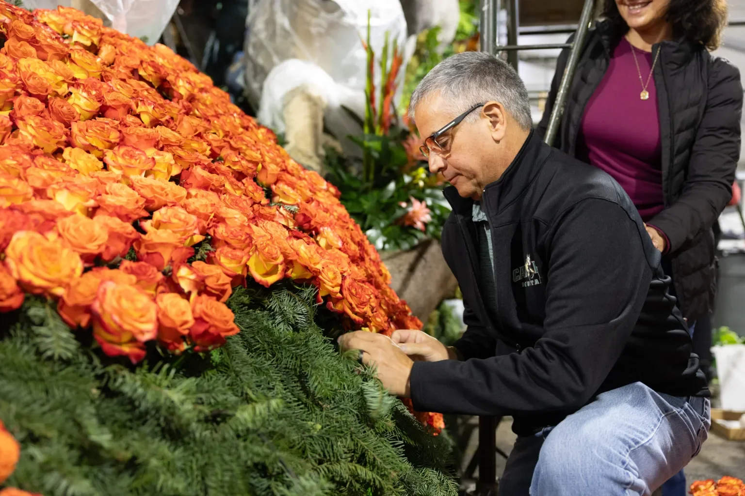 Erin Wang welds the final sections of the float’s frame before it is covered, as another student behind her prepares the next section to ensure the float is fully prepared for transport to Pasadena
