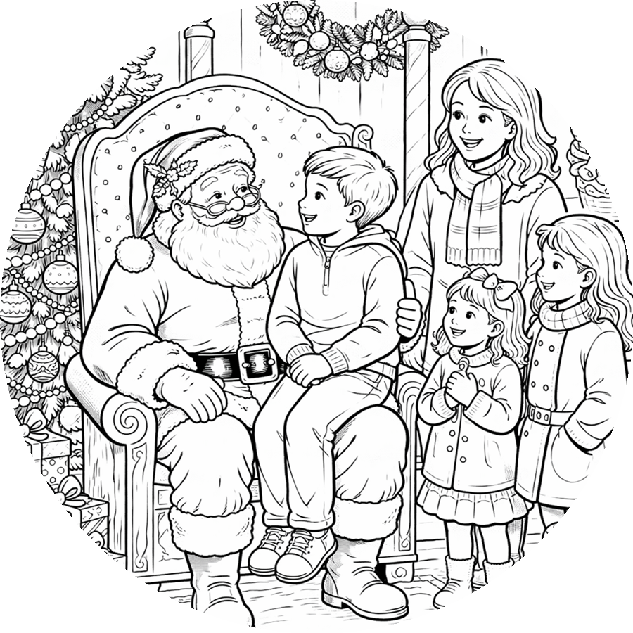 Black and white coloring page showing Santa Claus sitting on his throne, surrounded by Christmas decorations, with four children visiting and talking to him.