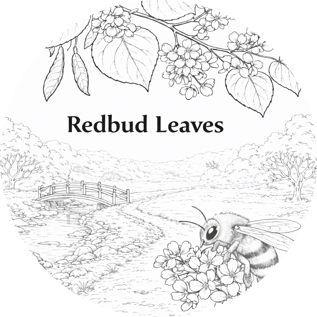Black and white drawing of a nature scene with a bee on a branch of redbud leaves and flowers, a small pond with a wooden bridge, trees, and distant hills.