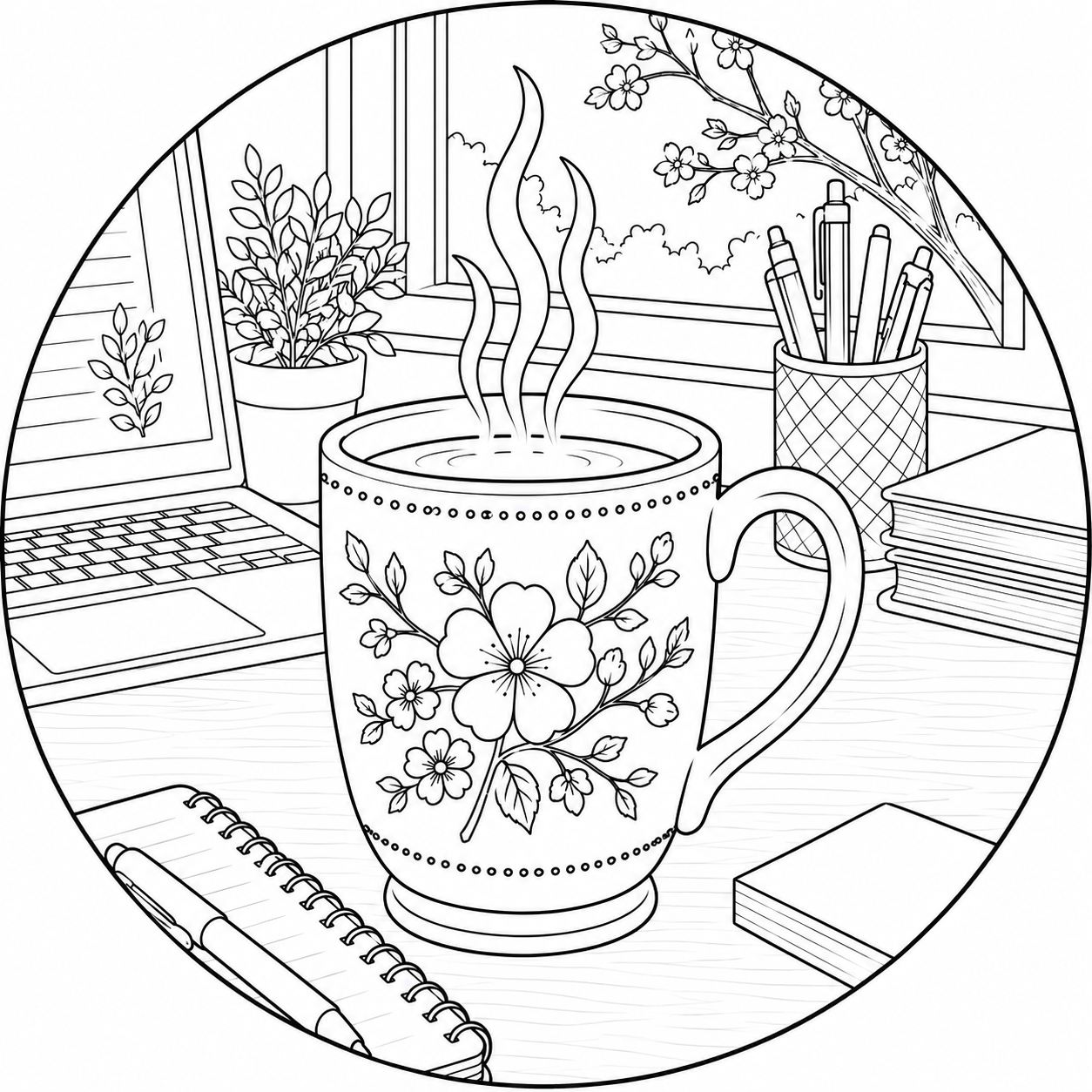Line drawing of a desk with a floral mug of hot coffee, a laptop, a pen, books, a notebook, and potted plants, with a window showing a tree and clouds outside.