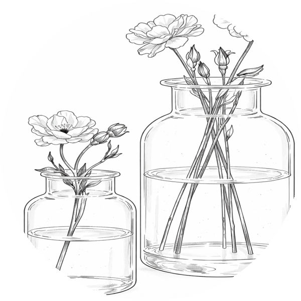 Black and white line drawing of two glass vases with flowers and flower buds inside.