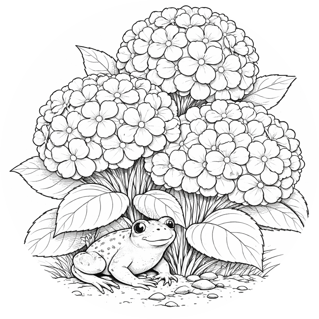 Black and white line drawing of a frog sitting beneath large blooming hydrangea flowers with leaves, on the ground with small rocks.