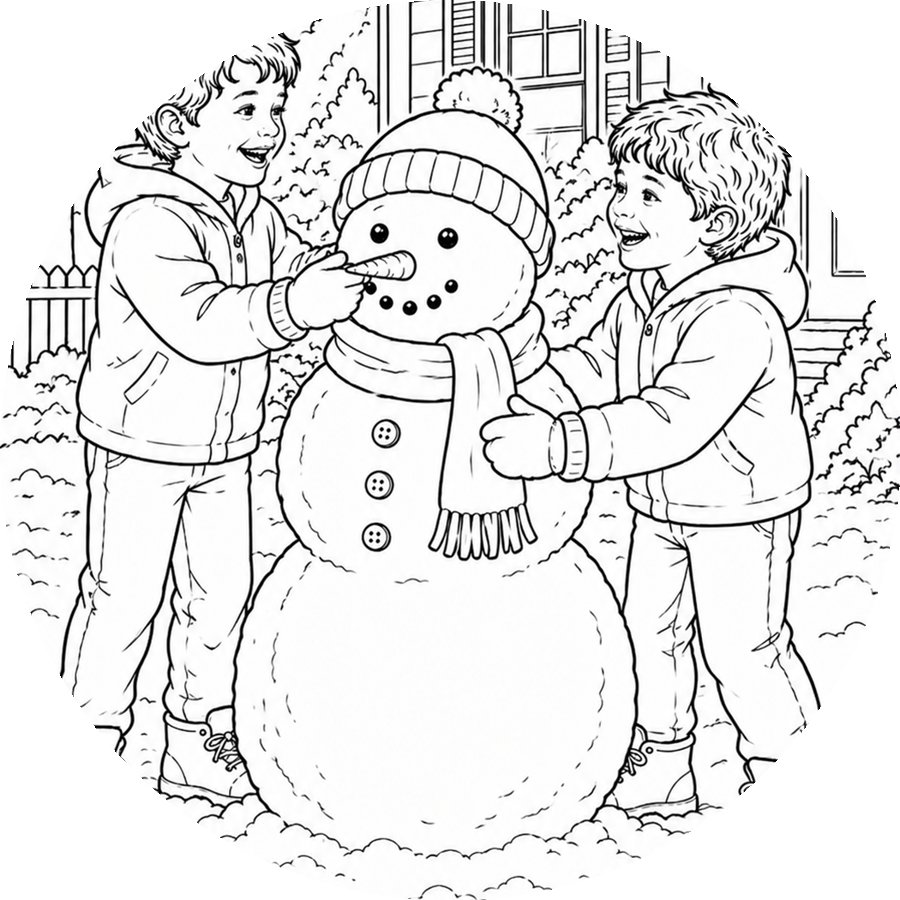 Two children building a snowman outside in winter, with snow-covered bushes and house in the background.