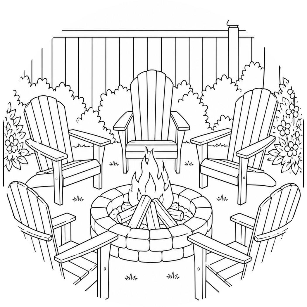 Black and white coloring page of a backyard scene with five Adirondack chairs arranged around a circular fire pit with a campfire, bushes, flowers, and a fence in the background.
