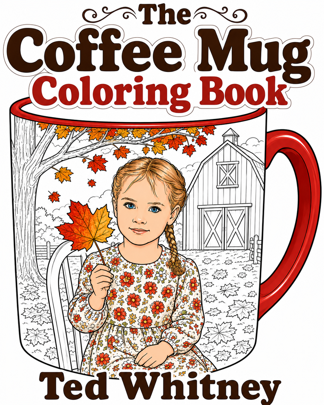 Coloring book cover titled 'The Coffee Mug Coloring Book' by Ted Whitney. Features an illustrated girl with red hair and blue eyes, wearing a floral dress, holding a maple leaf, sitting outdoors under a tree with falling leaves and a barn in the background.