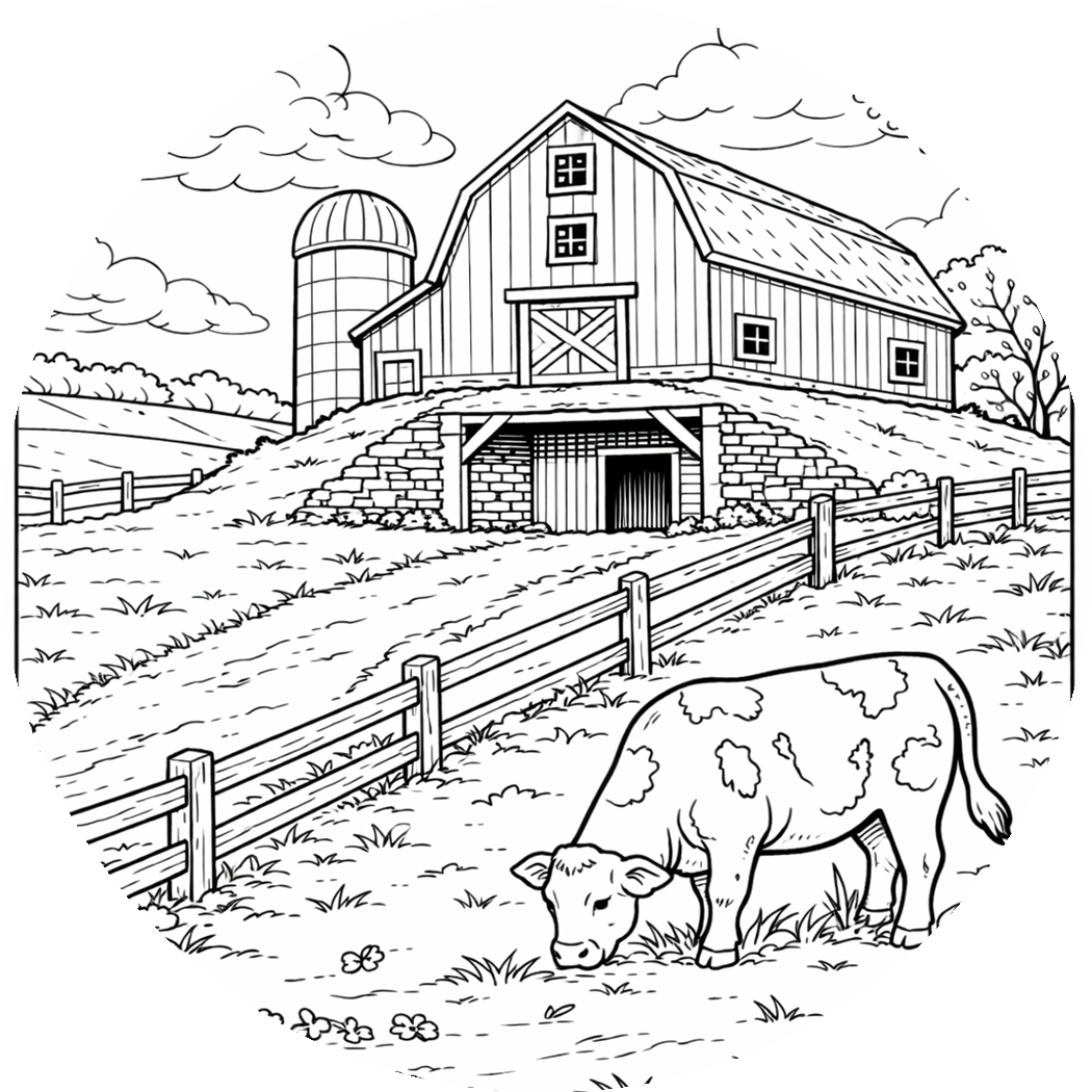 Line drawing of a farm scene with a barn on a hill, a silo, a fenced pasture, and a cow grazing in the foreground.