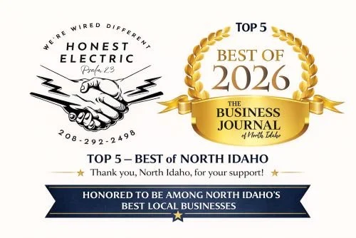 An award certificate from The Business Journal of North Idaho, recognizing North Idaho's top 5 best local businesses of 2026, with the label "Honest Electric" and a handshake illustration.