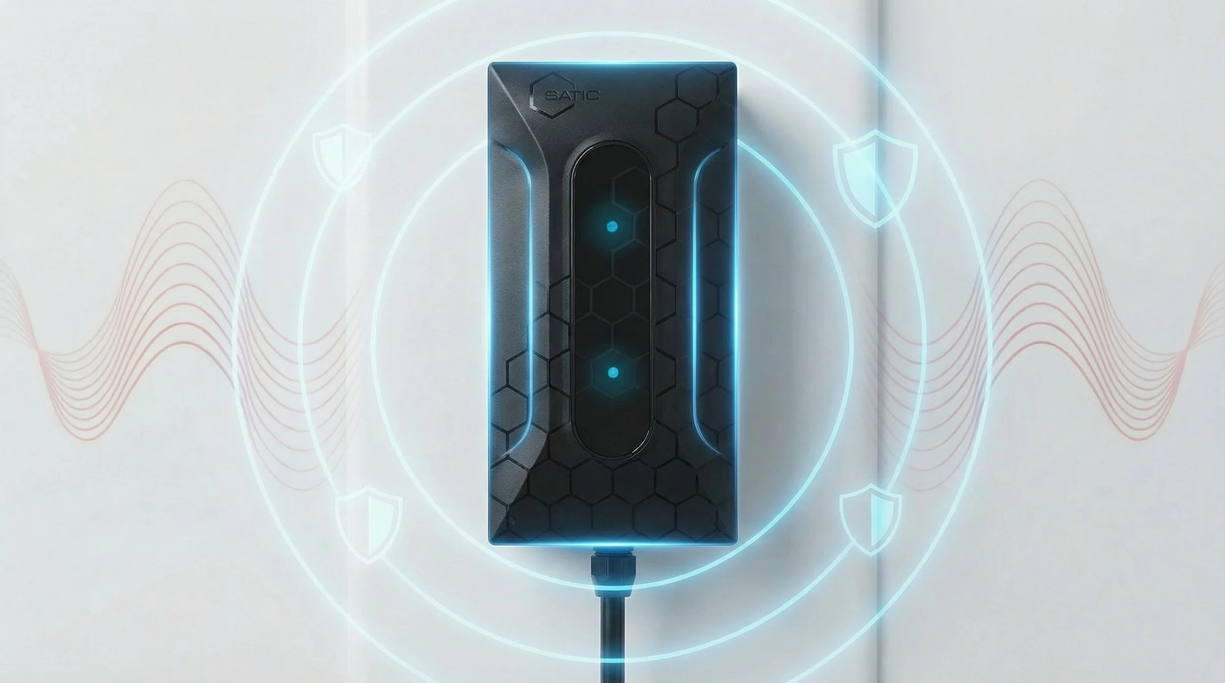 Close-up of Satic Shield device showing electromagnetic field and power filtration effect