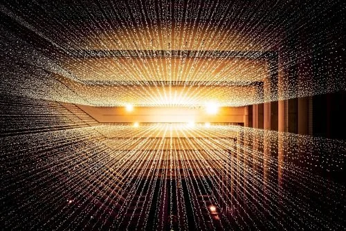 Abstract digital image of glowing lines and dots radiating from a bright central point, resembling a futuristic tunnel or data stream.
