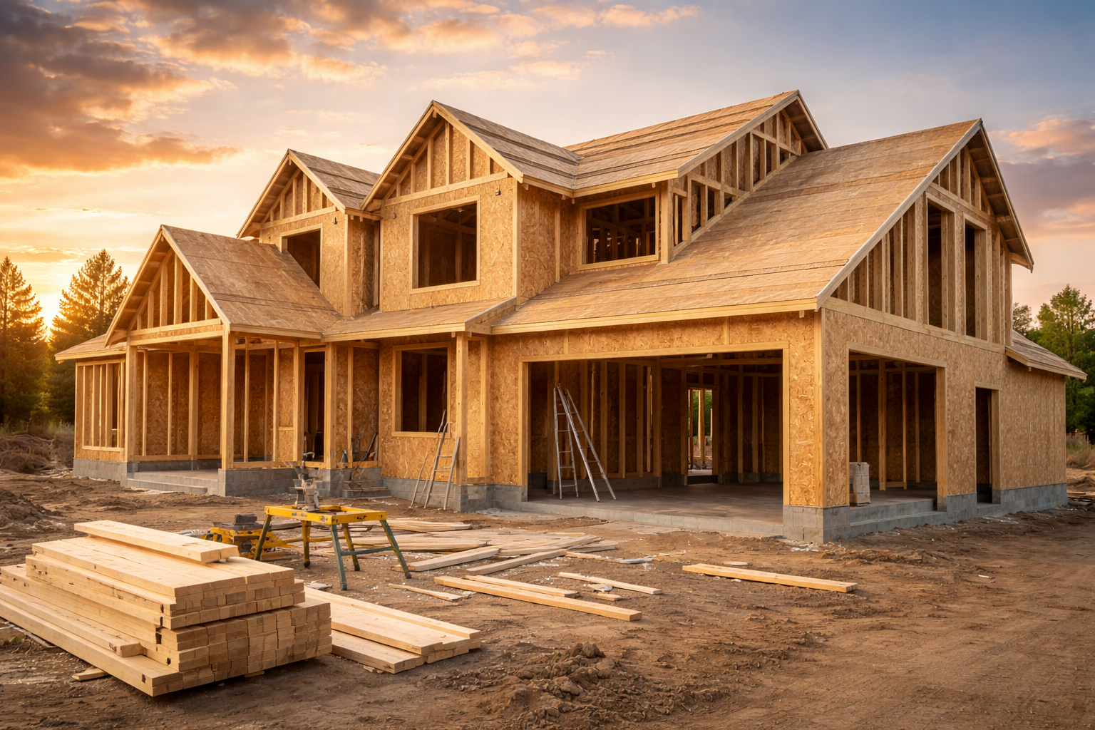 Illustration of a new construction home representing electrical installation services