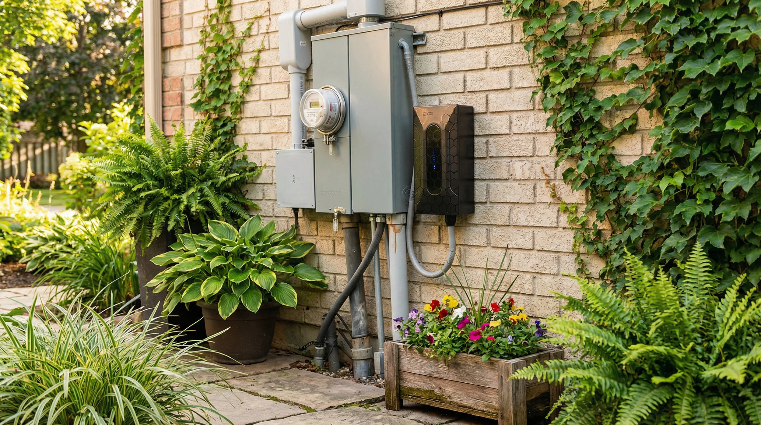 Satic Shield device installed next to a residential electrical panel on an exterior wall