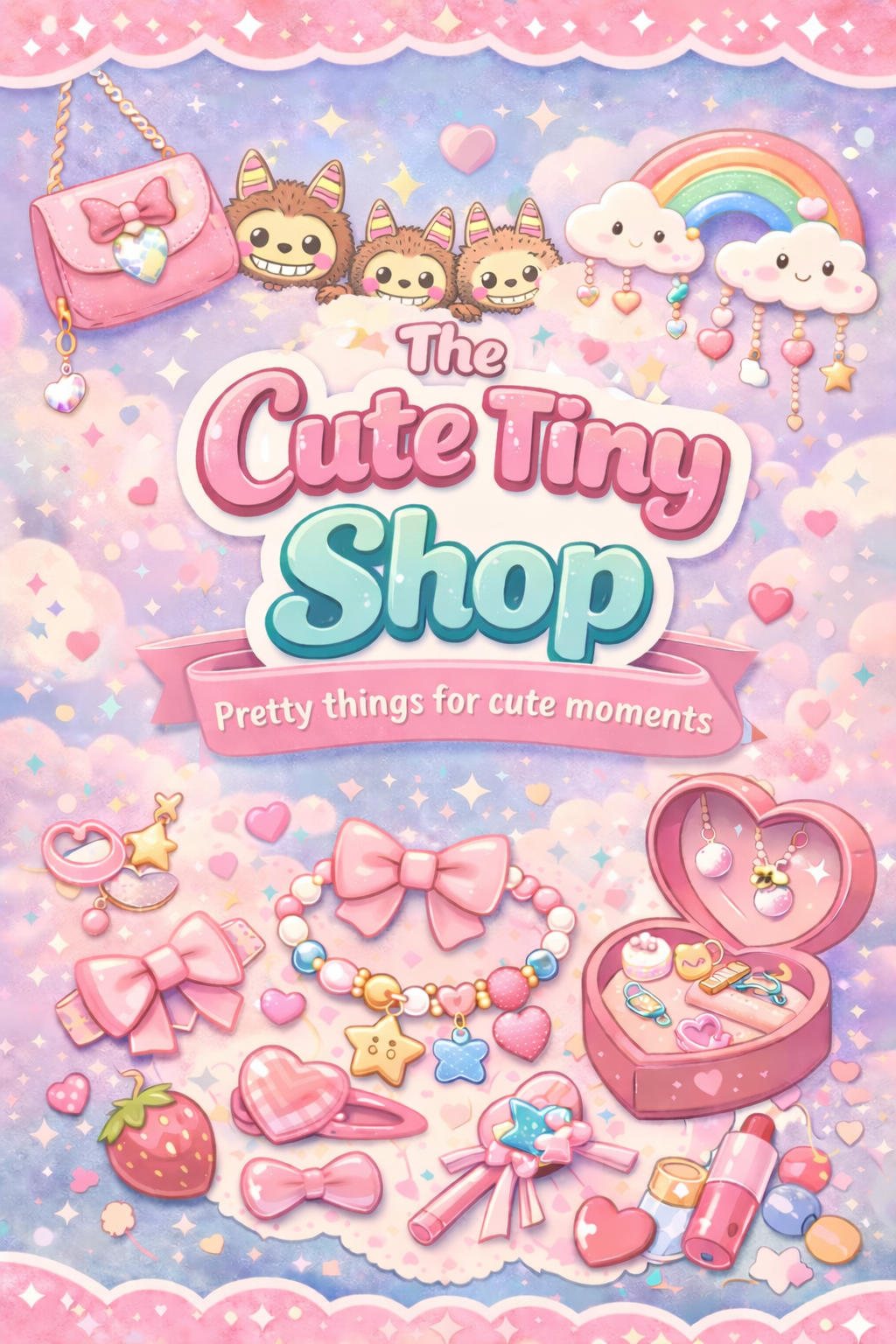 Colorful illustration of a shop called "The Cute Tiny Shop" with pink, purple, and rainbow-themed decor, featuring cute accessories like bows, jewelry, a strawberry, and various small toys.
