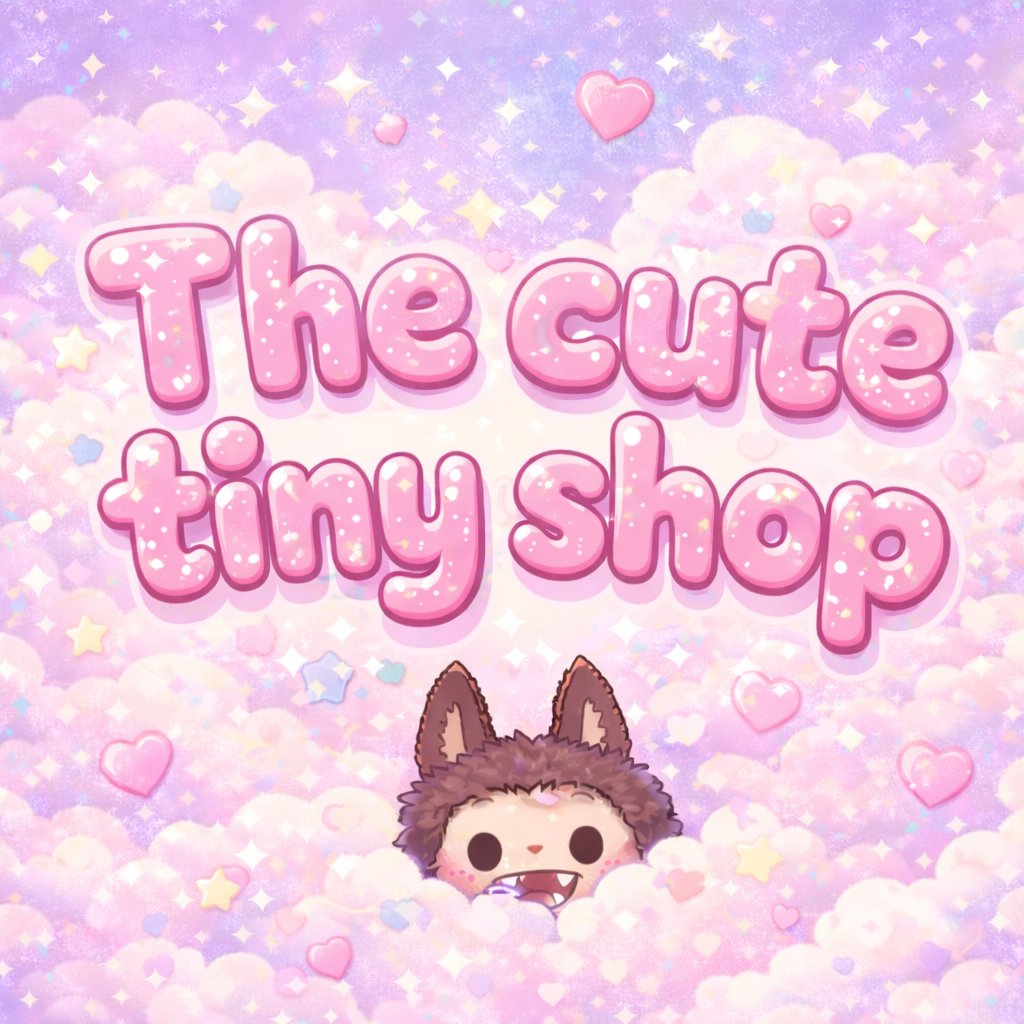 Pink and purple background with clouds, hearts, and stars, featuring a cute cartoon creature with wolf ears peeking out from clouds and text that reads 'The cute tiny shop' in pink bubbly letters.