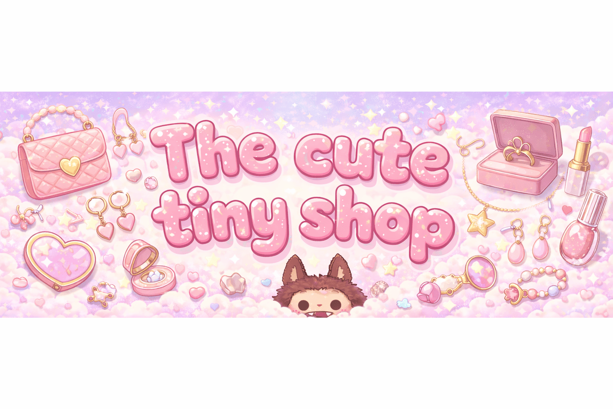 Pink and pastel-colored accessories including bags, jewelry, makeup, and a plush animal, surrounding the text 'The cute tiny shop' in a sparkly, whimsical style.