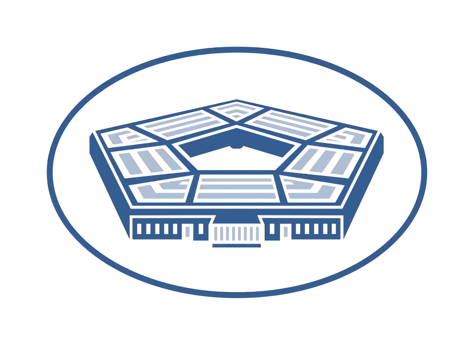 A blue and white graphic of a stadium enclosed in a circular border.