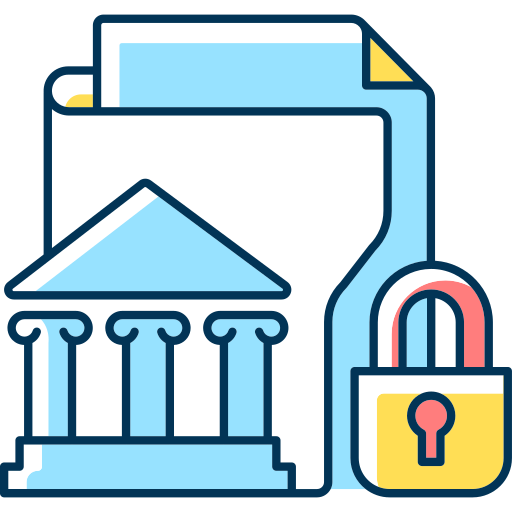 Digital illustration of documents with a government building icon and a padlock.