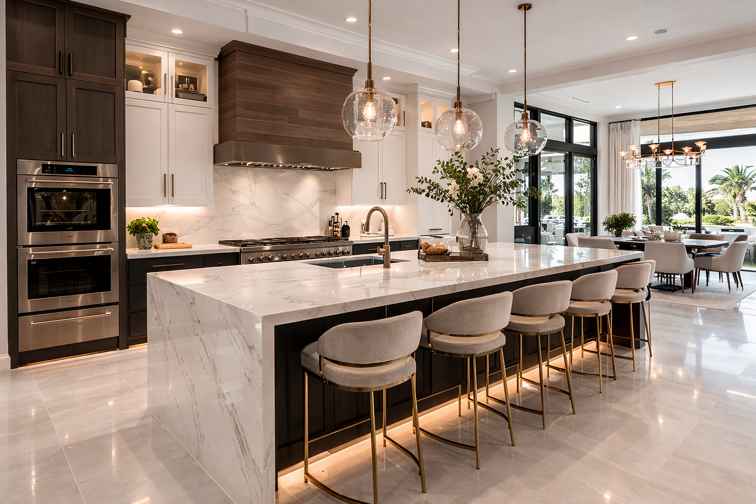 Modern kitchen with dark cabinetry, stainless steel appliances, white marble island, pendant lights, and a dining area with large windows and outdoor view