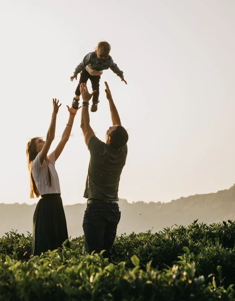 A family of three playing outdoors during sunset: a man and woman lifting a young girl into the air over green bushes.