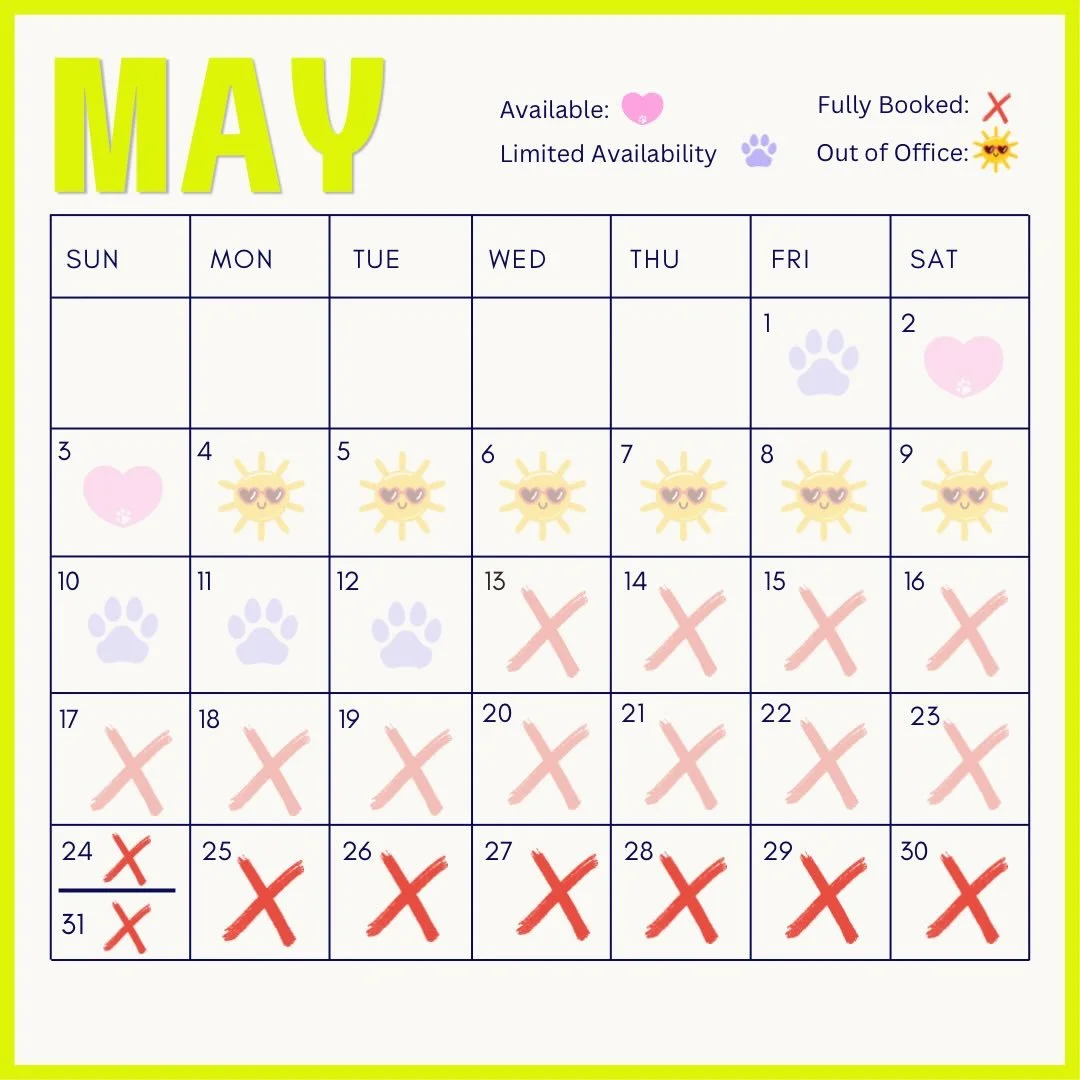 Current Availability 🗓️ I don&rsquo;t know how it happened, but summer is already getting very booked up! Regular clients may always ask about fully booked days. I can sometimes squeeze you in depending on location and needs!