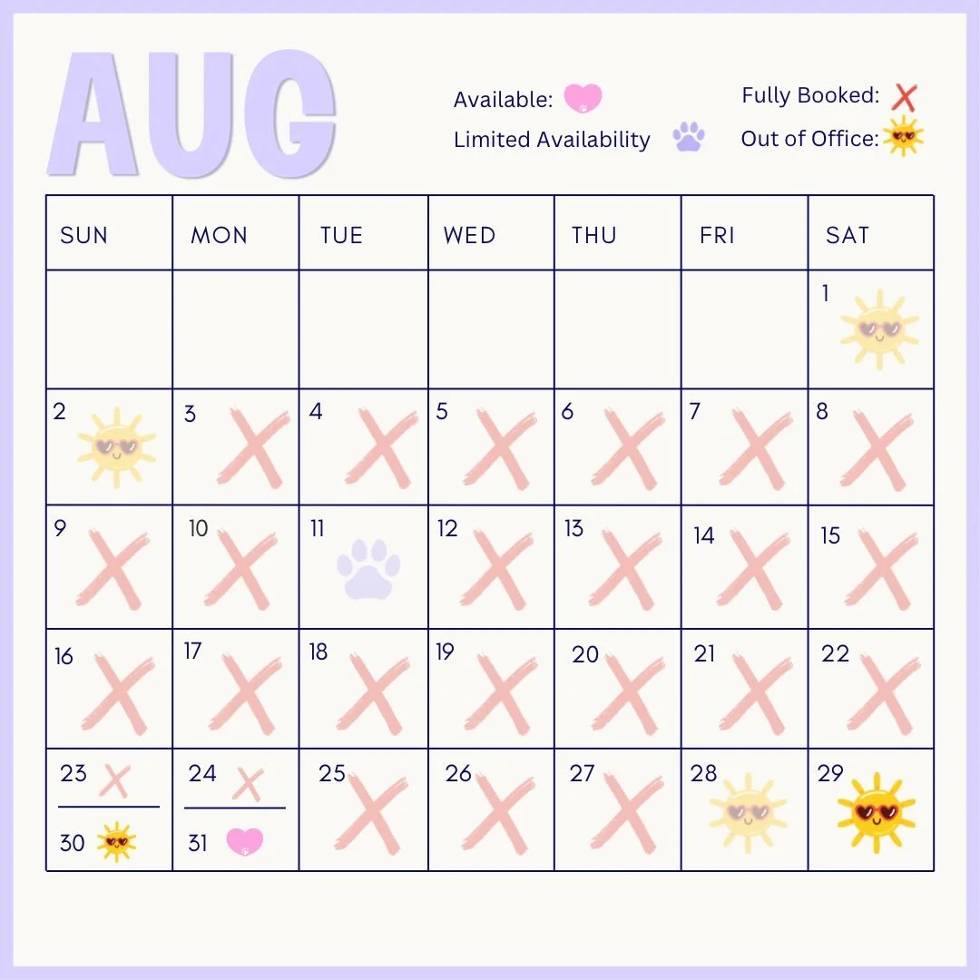 Current Availability - November schedule will open on September 1st, so be sure to get those Thanksgiving bookings scheduled!