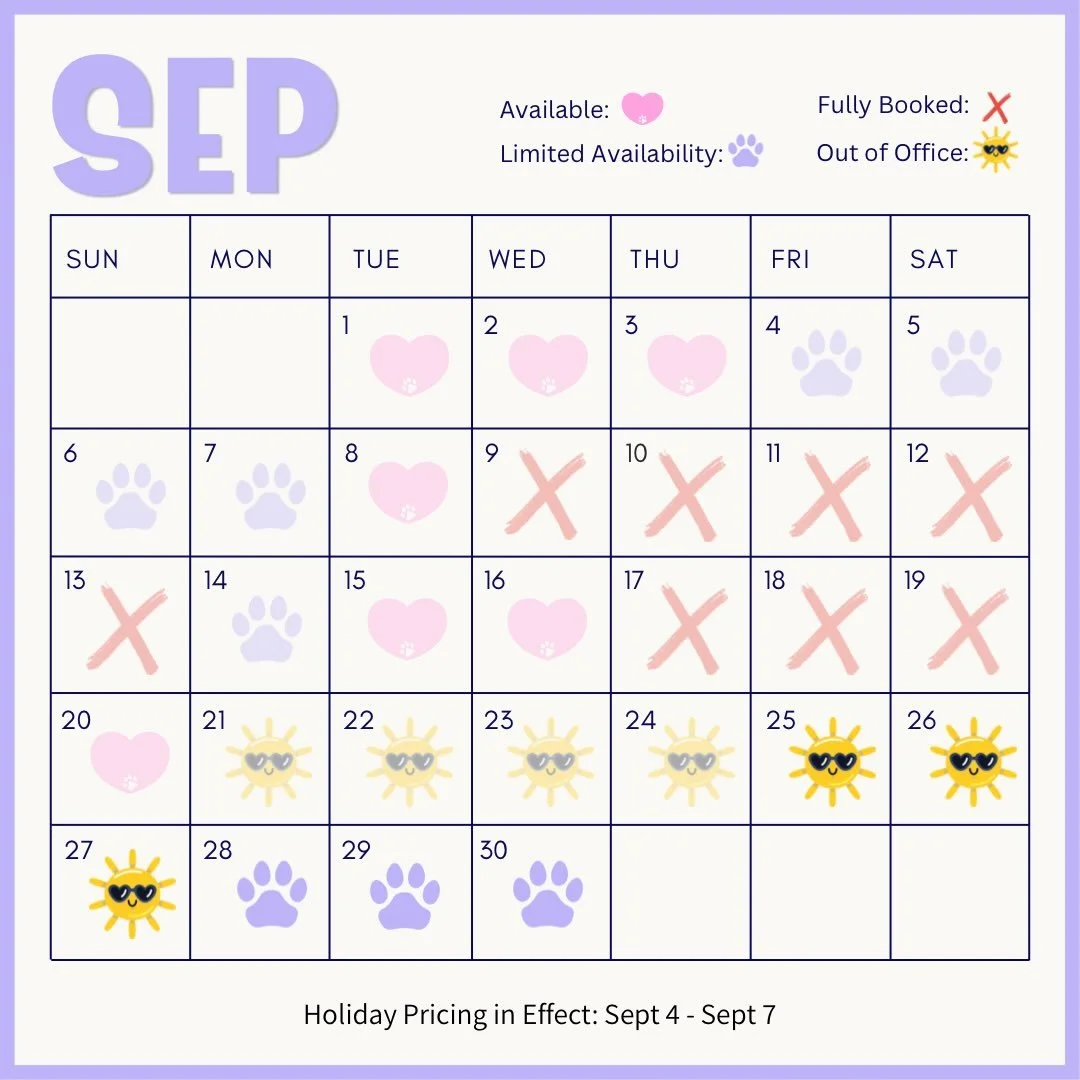 Current Availability - book now for thanksgiving. I have ~3-4 spots left depending on flexibility!