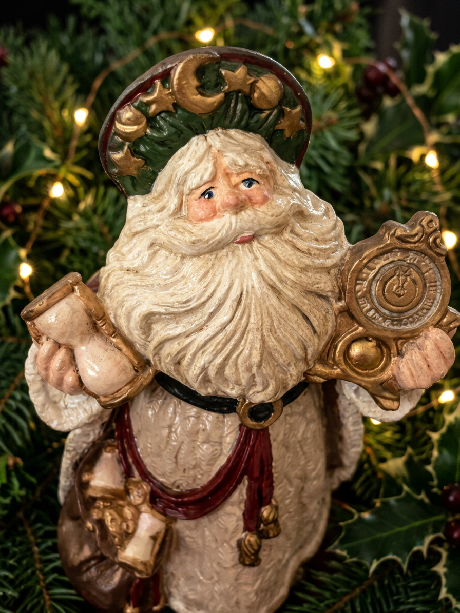 Christmas figurine of Santa Claus with a long beard, holding a scroll in one hand and a clock in the other, standing in front of a decorated Christmas tree with lights and holly.