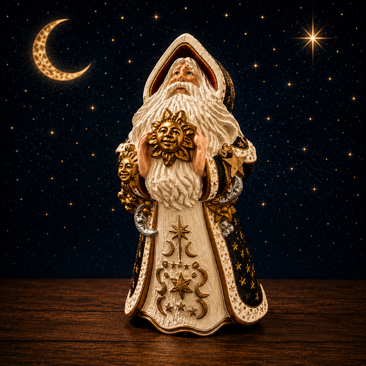 Decorative Santa Claus figurine with celestial motifs against a starry night background, featuring a crescent moon and stars.