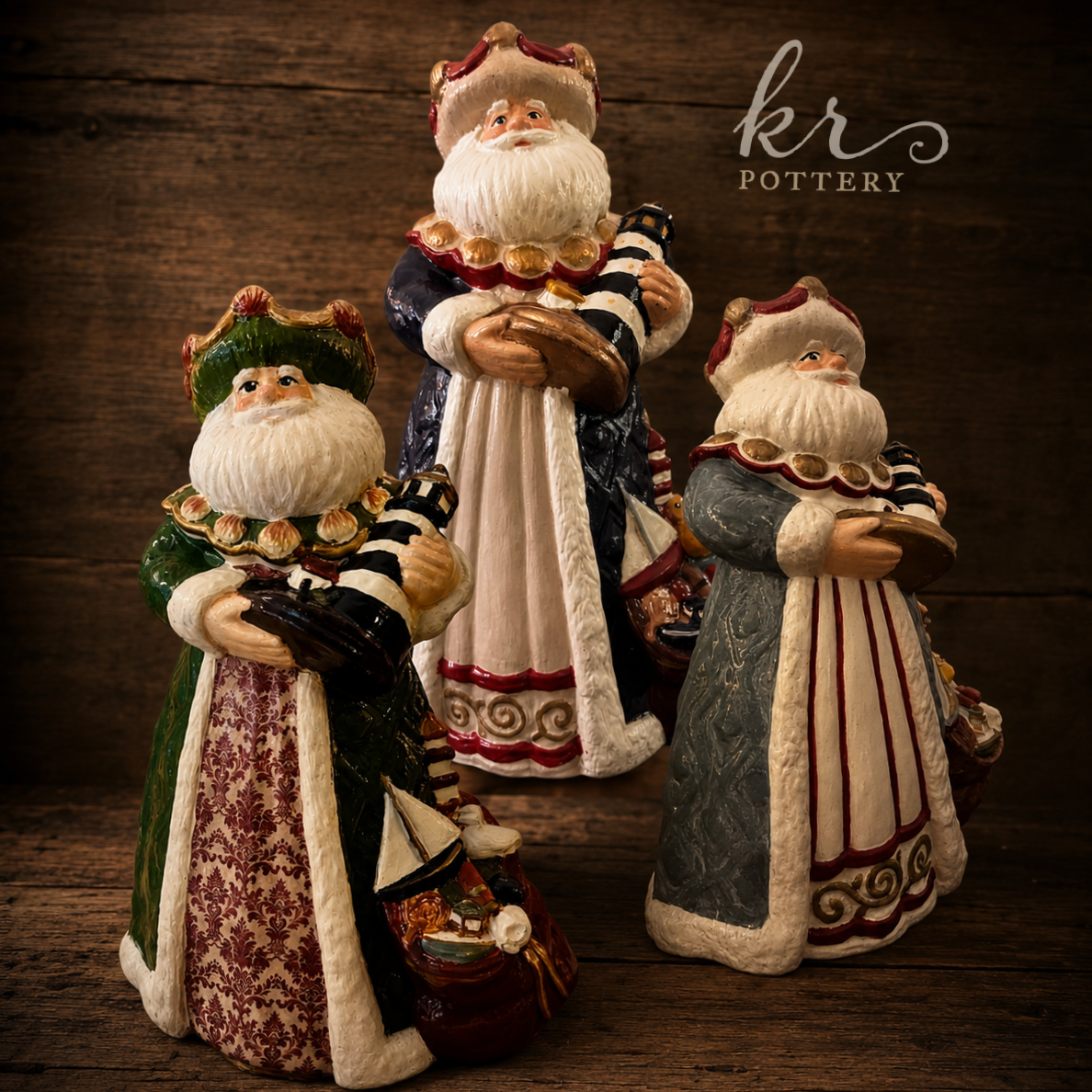 Three ceramic Santa Claus figurines holding musical instruments on a wooden background, with 'kr pottery' text.