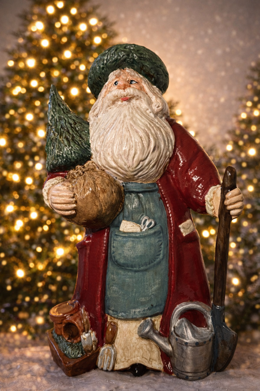 A ceramic Santa Claus figurine holding a Christmas tree, a sack, and a watering can, with Christmas lights in the background.