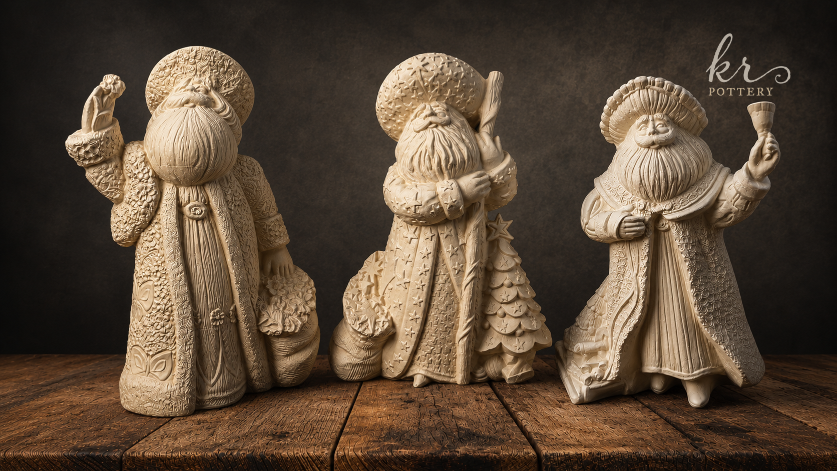 three bisque santa straight from the kiln with detailed clothing, beard, and accessories, standing on a wooden surface against a dark background.