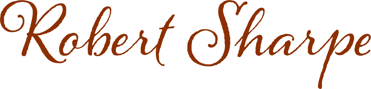 The image shows the name 'Robert Sharpe' written in a cursive, brown font with a decorative swirl on the letter 'R'.