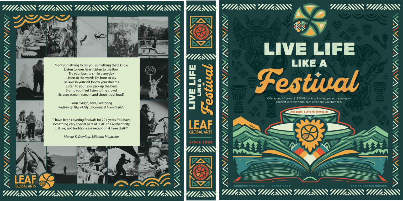 Front and back cover book design titled "Live Life Like a Festival" with a mountain landscape, trees, a lake, and a large open book illustration, and text mentioning LEAF Global Arts and its celebration of 30 years at Lake Eden, Black Mountain, NC.