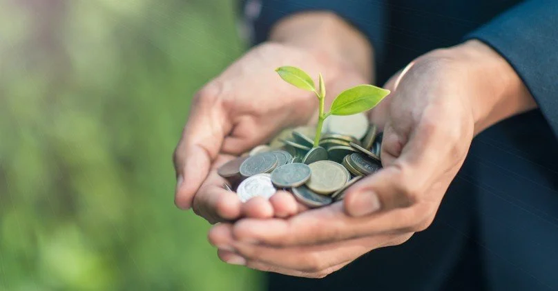 Hands holding a small plant growing from coins, symbolizing investment or growth