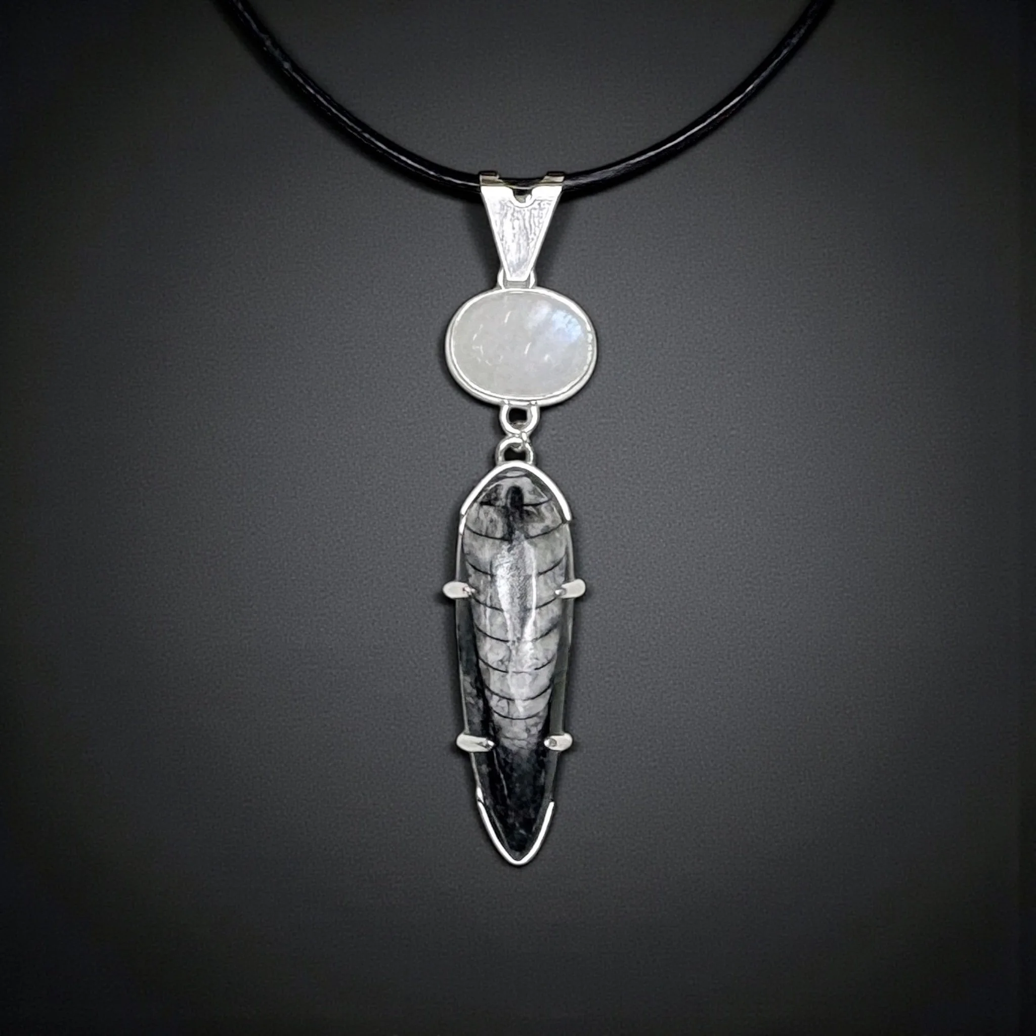 Moonstone and orthoceras fossil set in sterling silver, a vertical pendant with contrasting textures.