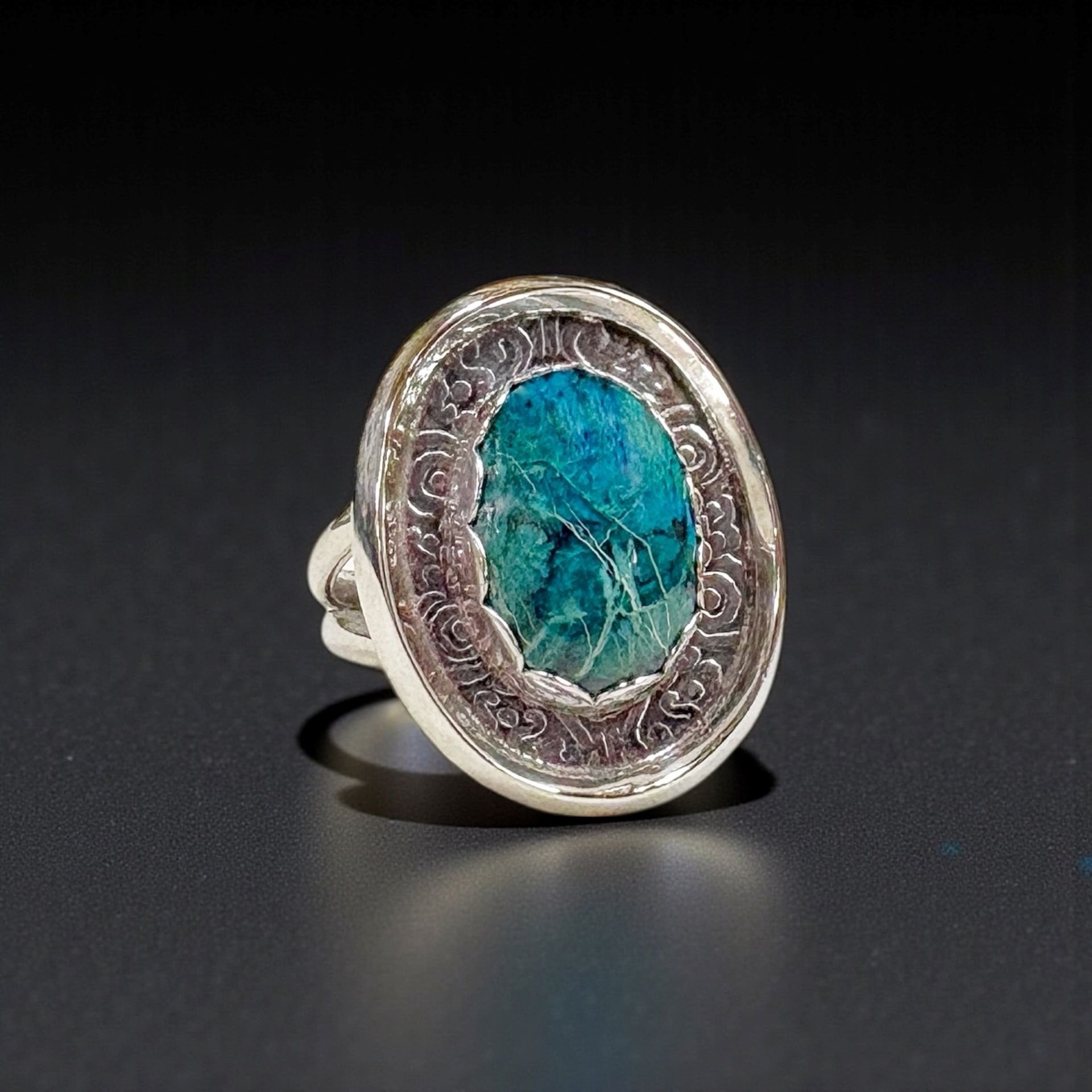 Chrysocolla malachite in a sterling silver ring with textured double bezel.