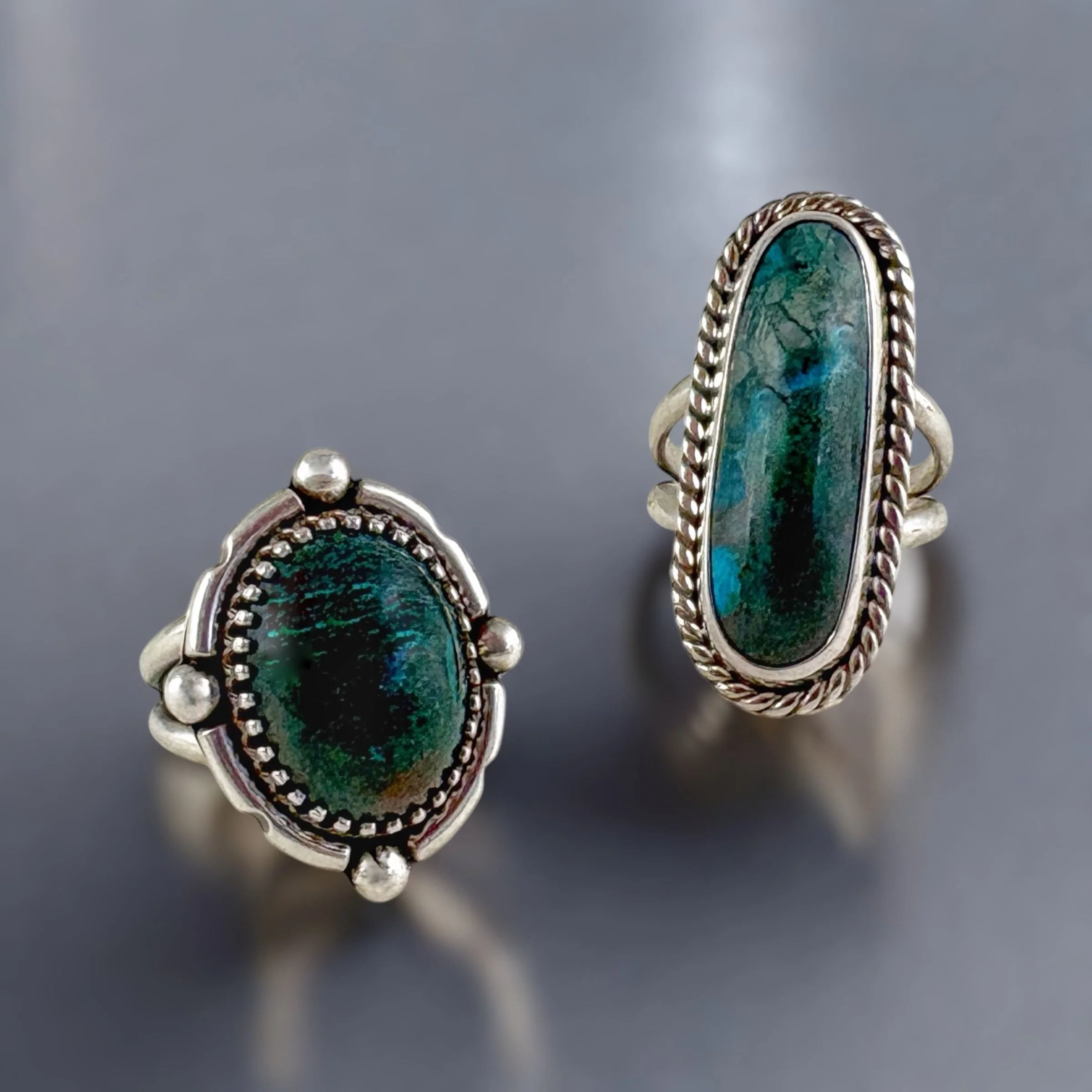 Chrysocolla malachite in sterling silver rings with detailed bezel work.