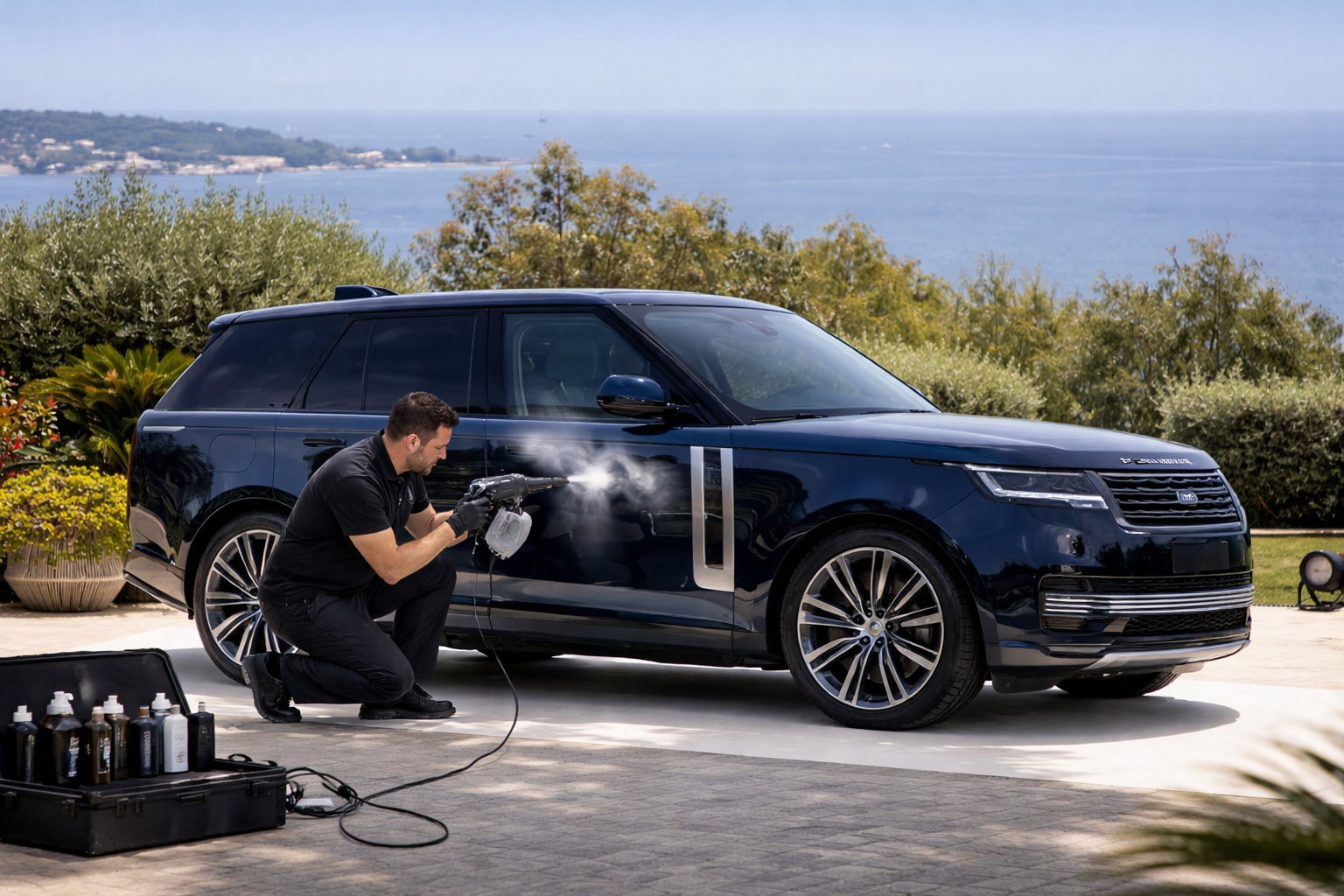 Homme lavant une voiture noire en extérieur près de la mer, avec des plantes en arrière-plan.