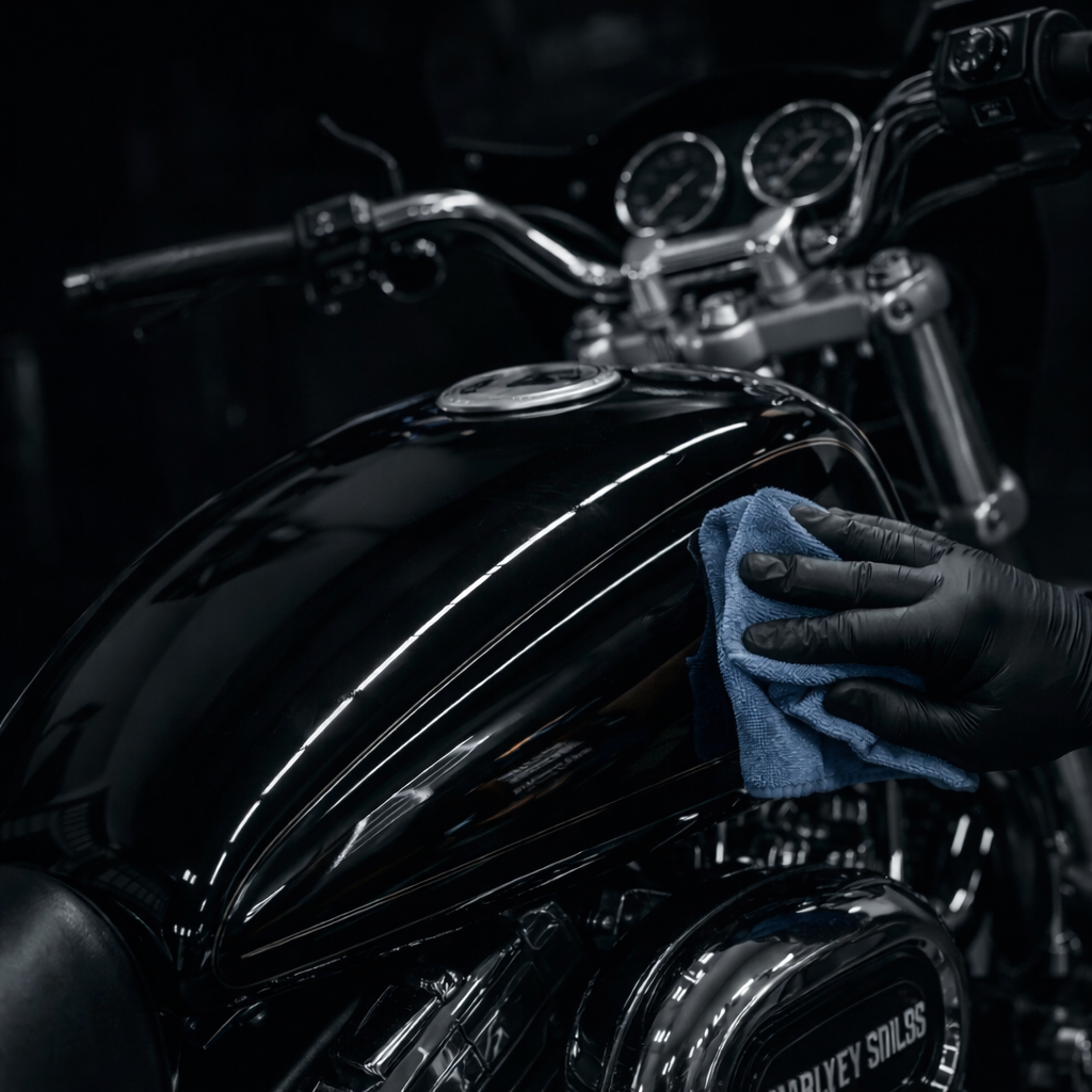 Une personne portent des gants noirs et nettoie une moto noire avec un chiffon en microfiber.