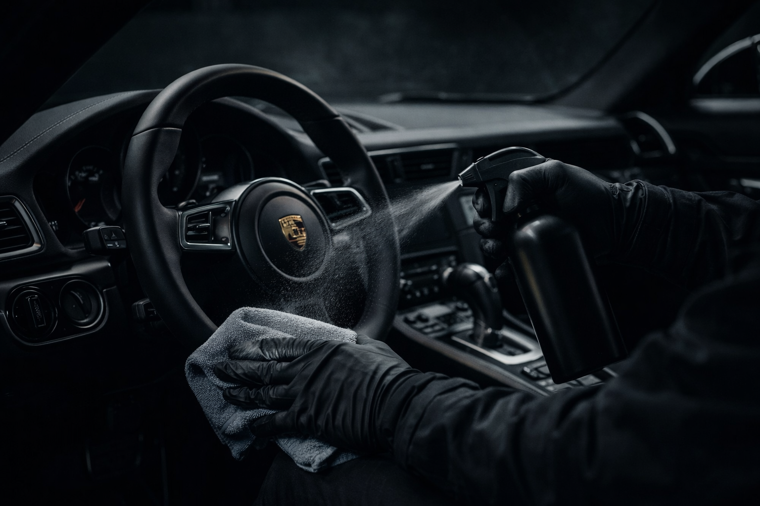Une personne en gants noirs nettoie l'intérieur d'une voiture de luxe Porsche avec un spray et un chiffon.