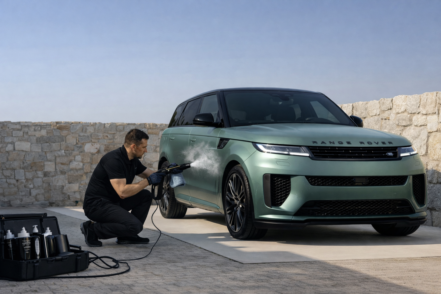Homme nettoyant une voiture Range Rover à l'aide d'un nettoyeur haute pression devant un mur de pierre.