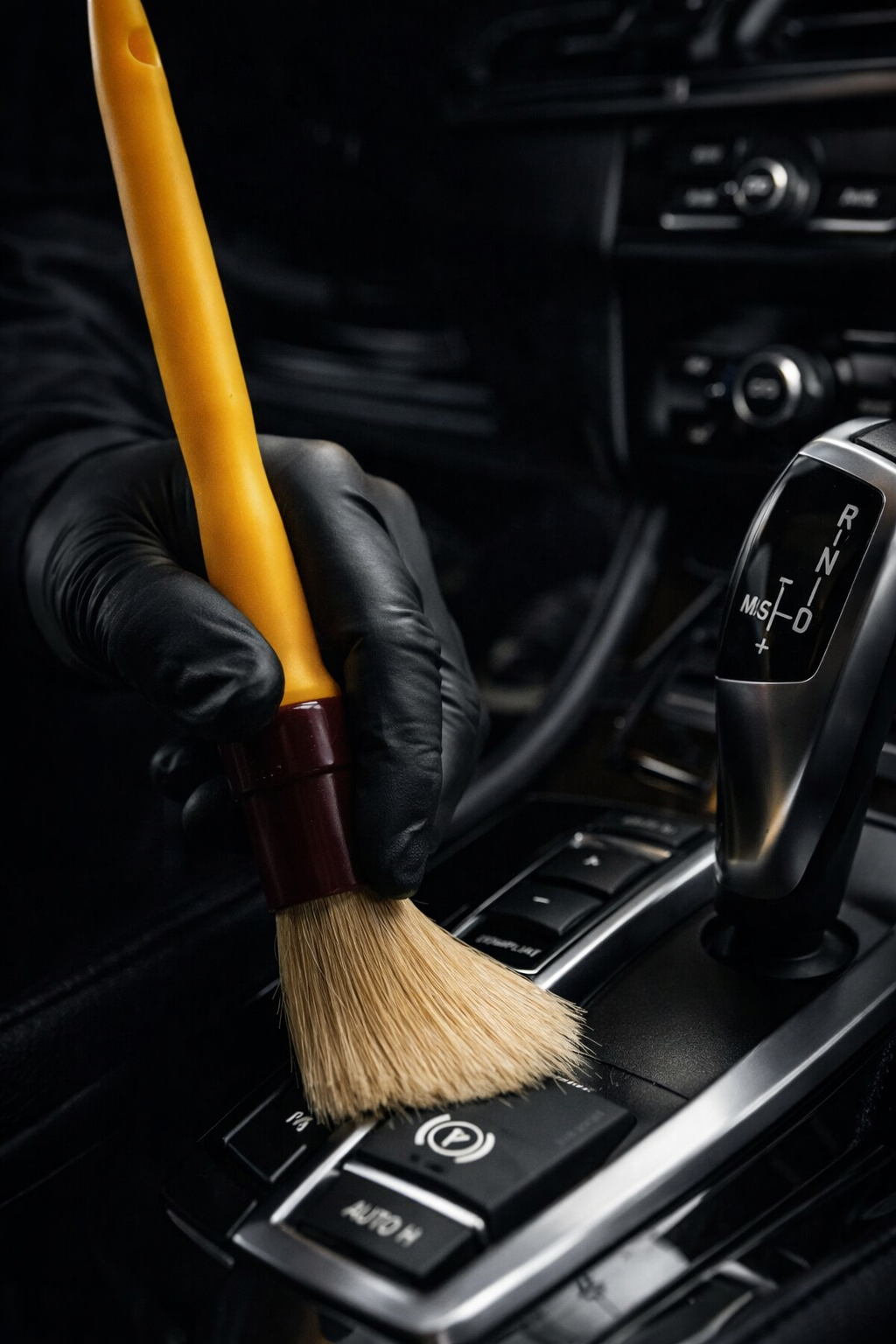 Main tenant une brosse de nettoyage en caoutchouc dans une voiture, près du levier de vitesses automatique.