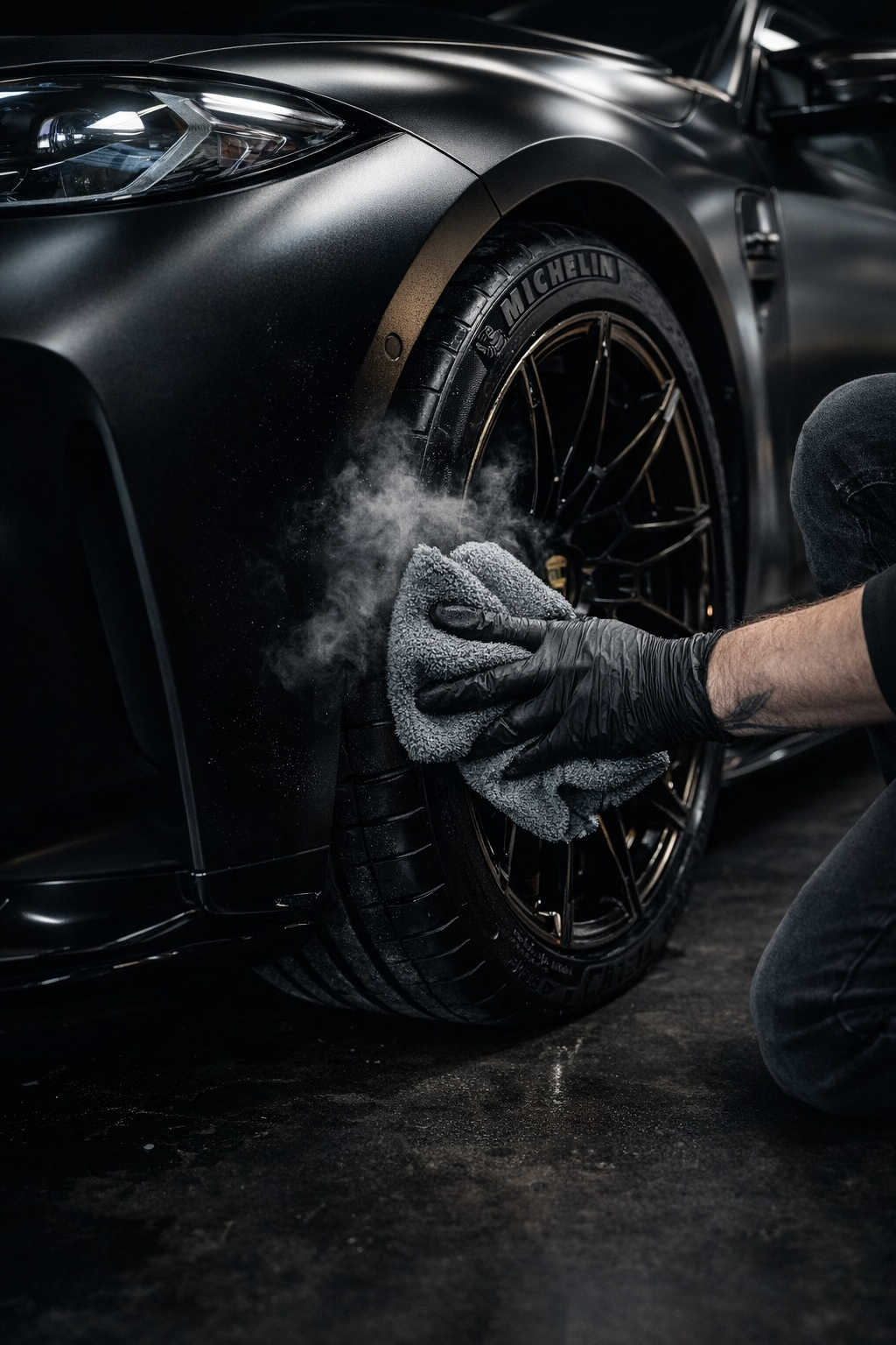 Une personne porte des gants noirs et nettoie un pneu de voiture avec un chiffon gris, la voiture est noire avec des jantes noires et des pneus Michelin.