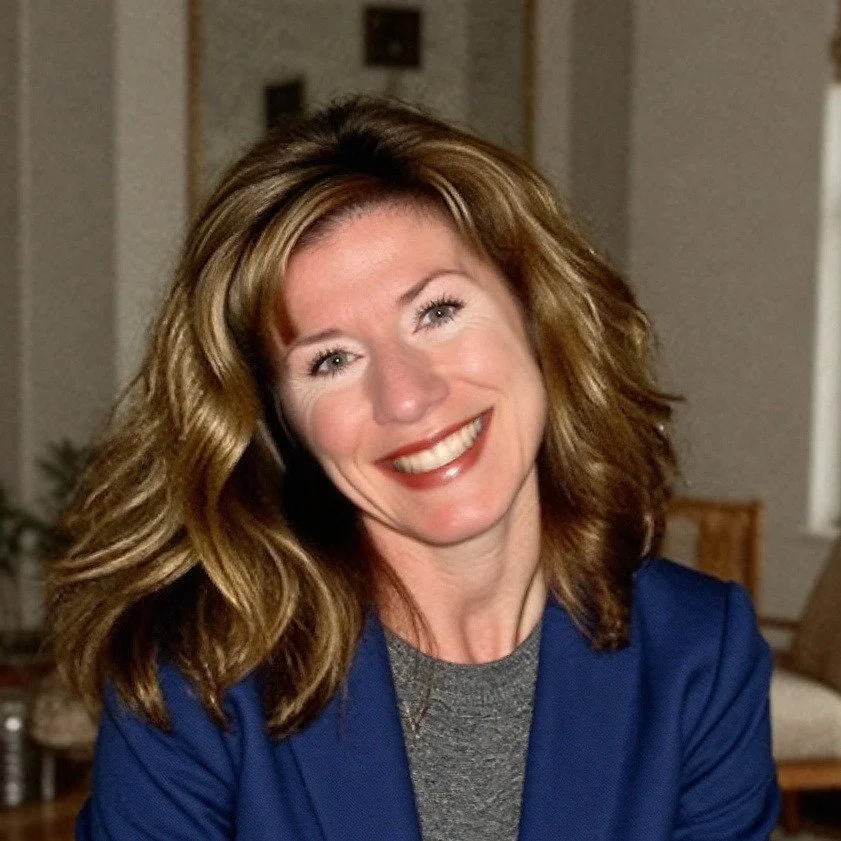 A woman with shoulder-length wavy blond hair, wearing a blue blazer and gray shirt, smiling in an indoor setting.